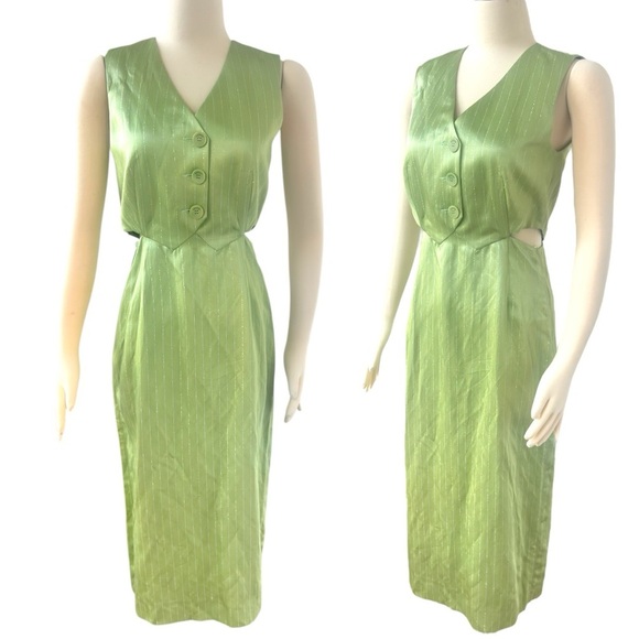 SANDRO Abby Sleeveless Cut-Out Metallic Pinstriped Lurex Satin Vest Midi Dress - Picture 12 of 16